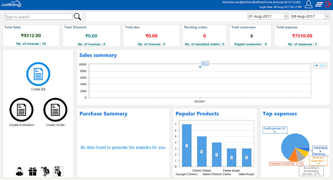 justbilling dashboard